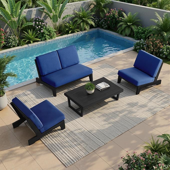 5 Pieces All Weather Black Wood Patio Furniture Sets, 2 Patio Loveseat, 2 Patio Bistro Chair, Outdoor Sectional Sofa Furniture Backyard Conversation Set with Coffee Table - Navy