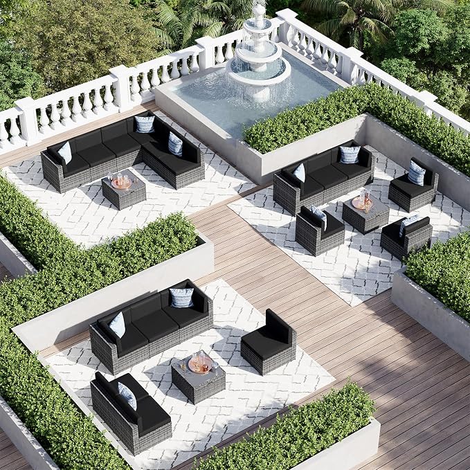 Aoxun 7 Piece Patio Furniture Set, All-Weather Wicker Outdoor Furniture 6 Seats Patio Conversation Sets with Storage Coffee Table, Outdoor Sectional Sofas for Backyard Garden(Grey/Black)