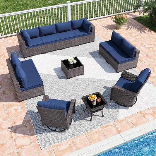 12 Pieces Outdoor Patio Furniture Set,Outdoor Sectional Furniture All Weather PE Rattan Wicker Patio Conversation Set with Coffee Table,Swivel Rocking Chairs Set,Navy Blue