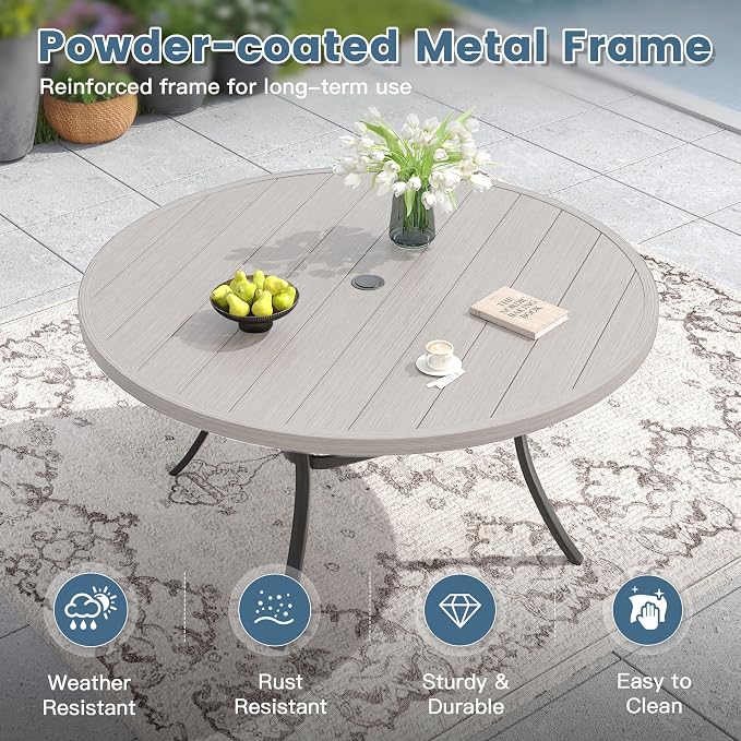 DIFY Outdoor Dining Set for 6, 7 Piece Patio Table and Chairs Set, Swivel Patio Dining Chairs with Grey Textilene & 50" Grey Wood-Like Round Metal Dining Table with Umbrella Hole, for Garden Backyard