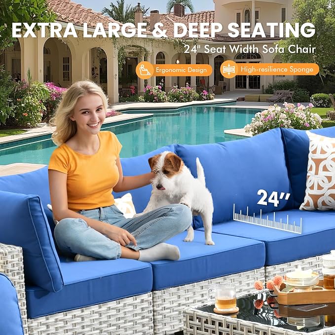 Outdoor Sectional Patio Furniture Set with Glowing Table,5 Pieces Wicker Conversation Sets L Shaped Couch Out Door Sofa Set Outside Furniture for Garden Deck Yard Porch,Navy Blue