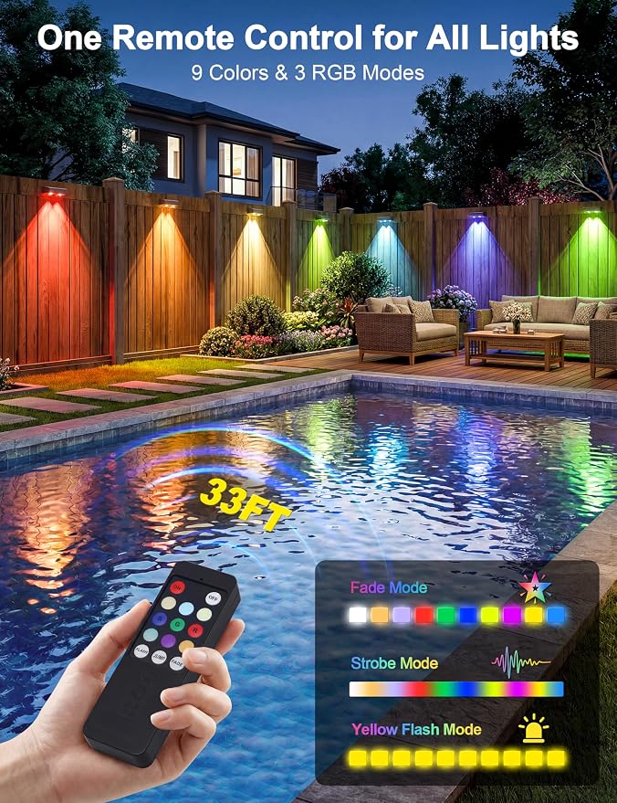 JOFIOS Fence Lights Solar Powered with Remote, 9 Fixed Colors 12 Modes, Solar Fence Lights Outdoor Waterproof, Warm/Cool White, RGB LED Deck Lights for Yard/Railing/Balcony/Patio/Stair/Outside, 8 Pack