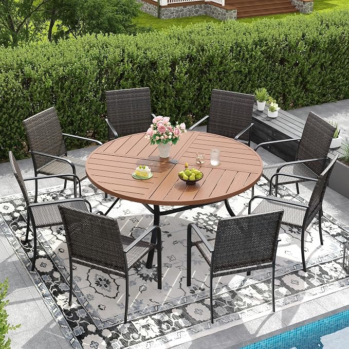 DIFY 9 Piece Outdoor Dining Set for 8, 53.1" Walnut Round Metal Dining Table with Umbrella Hole and Stackable Wicker Patio Chairs, All-Weather Patio Table and Chairs Set for Deck Garden Backyard