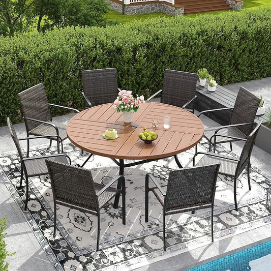 DIFY 9 Piece Outdoor Dining Set for 8, 53.1" Walnut Round Metal Dining Table with Umbrella Hole and Stackable Wicker Patio Chairs, All-Weather Patio Table and Chairs Set for Deck Garden Backyard