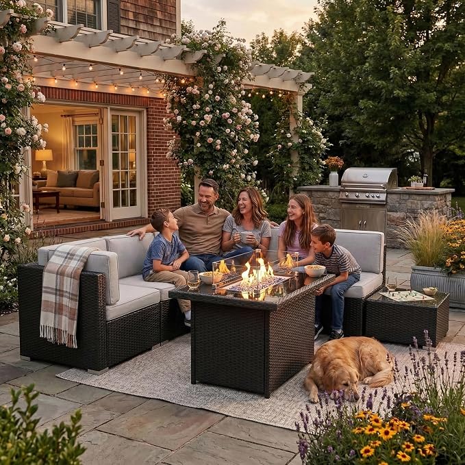 10 Pieces Patio Furniture Set with 44" Propane Gas Fire Pit Table, Outdoor Sectional Wicker Conversation Sofa Sets with Coffee Table