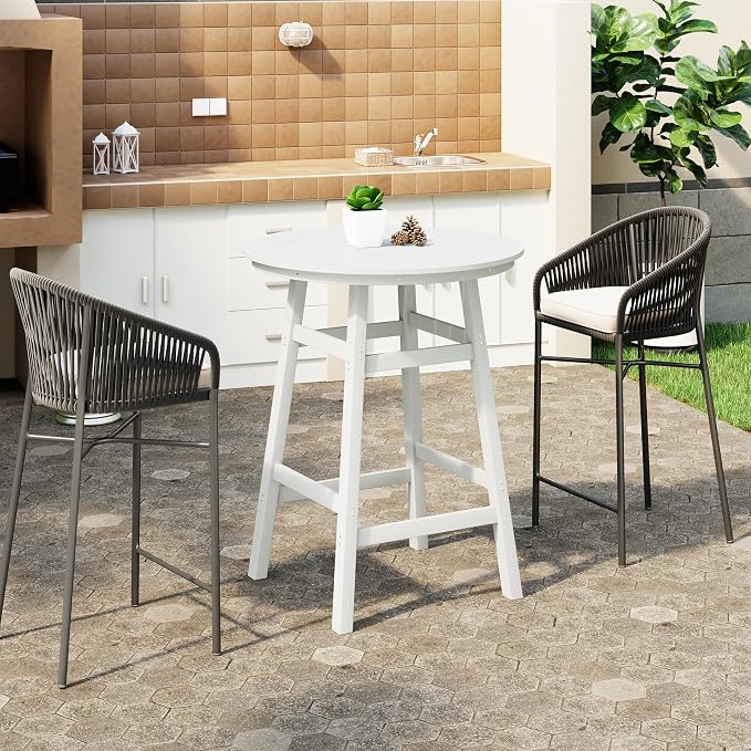 Costaelm Patio Bistro Table, 42" Counter Height Round Patio Cocktail Bar Table with Umbrella Hole, Outdoor Bistro Dining Pub Table for Front Porch Deck Backyard Garden, White