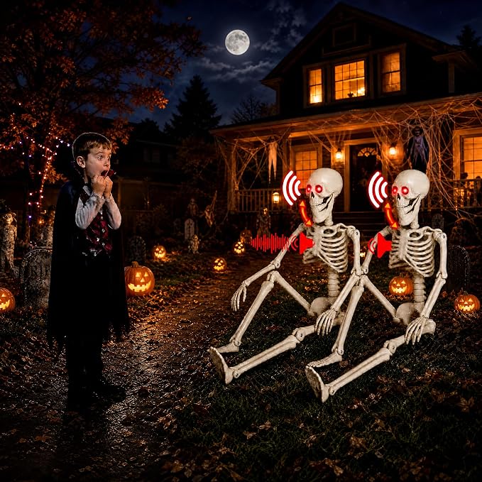 HBSTK 2 Pack 36 Inches Motion&Sound Activated Moving Jaw&Speaking&Glowing Eyes Pose-N-Stay Halloween Skeleton Life Size Full Body Posable Movable Jonints Halloween Decoration Décor