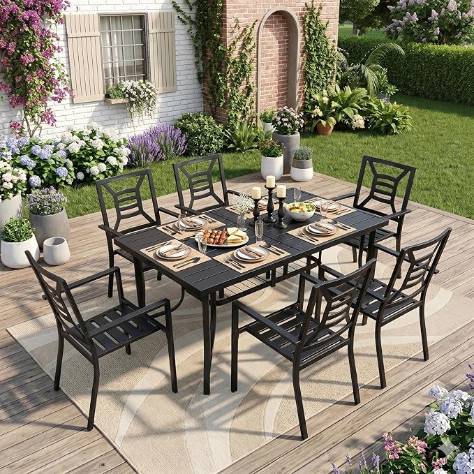 7 Pieces Patio Dining Set for 6, Large 60" Outdoor Metal Table with Universa Umbrella Hole & Stackable Iron Chairs, Patio Furniture Set for Deck, Backyard, Yard, Porch