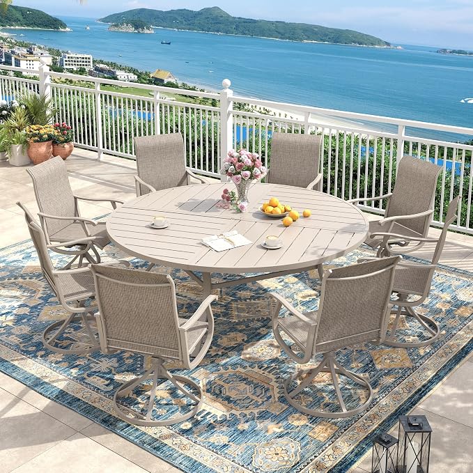 63" Outdoor Dining Table with Adjustable Umbrella Hole, Metal Slatted Round Patio Dining Table for Backyard Garden Deck, Sandshell