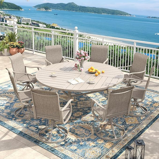 Outdoor Dining Set for 8, 63.1" Metal Round Outdoor Dining Table with Umbrella Hole and Sling Patio Swivel Chairs, 9 Pieces Patio Table and Chairs Set for Garden Backyard, Sandshell
