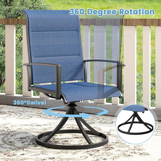 DIFY 7 Piece Outdoor Patio Dining Set for 6, 50" Black Round Metal Dining Table and Swivel Patio Chairs with Blue Padded Textilene, All-Weather Outdoor Furniture Set for Garden Backyard Porch