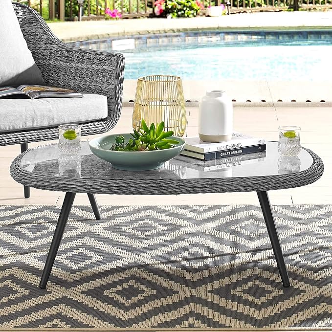 Modway Endeavor Wicker Rattan Aluminum Glass Outdoor Patio Coffee Table in Gray