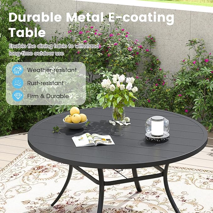 7 Pieces Patio Furniture Dining Set, 6 Textilene Swivel Dining Chairs, 53" Outdoor Round Metal Table with 1.57" Umbrella Hole, Outdoor Dining Set for Porch, Lawn, Garden, Black/Black