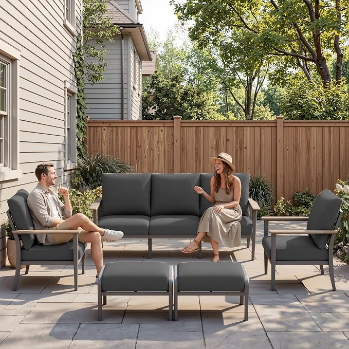 Aluminum Outdoor Patio Furniture Set, 5-Piece Outdoor Sofa with 5.1" Thick Cushions, Outdoor Couch with Ottomans, for Balcony, Porch, Black
