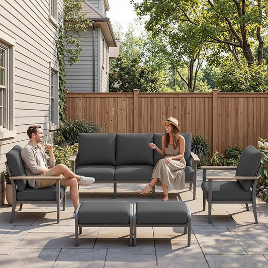 Aluminum Outdoor Patio Furniture Set, 5-Piece Outdoor Sofa with 5.1" Thick Cushions, Outdoor Couch with Ottomans, for Balcony, Porch, Black