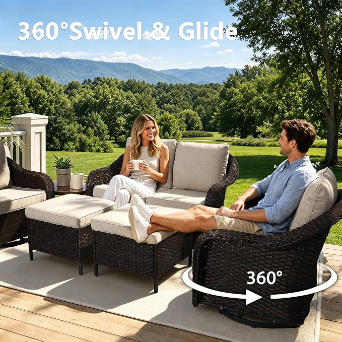 7 Piece Patio Wicker Conversation Set, All-Weather Use Outdoor Wicker Loveseat with 4 PE Rattan Ottomans,4 Swivel Chair, Ideal for Porch, Backyard, Balcony, Poolside, Beige