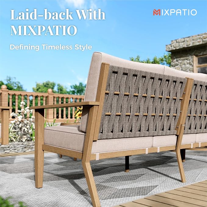MIXPATIO 5-Piece Outdoor Patio Furniture Set, Steel Sectional Patio Conversation Sets, All-Weather Outdoor Furniture Sets with Waterproof Thick Cushions for Porch, Garden, Backyard, Deck-Beige