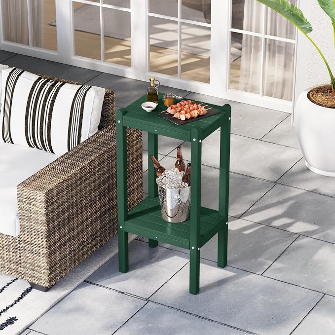 Costaelm Outdoor Side Table, 2-Tier Small Patio Coffee Tables for Outside, Outdoor End Tables for Patio, Adirondack Side Table for Outside, Outside Table for Pool, Porch, Garden, Dark Green