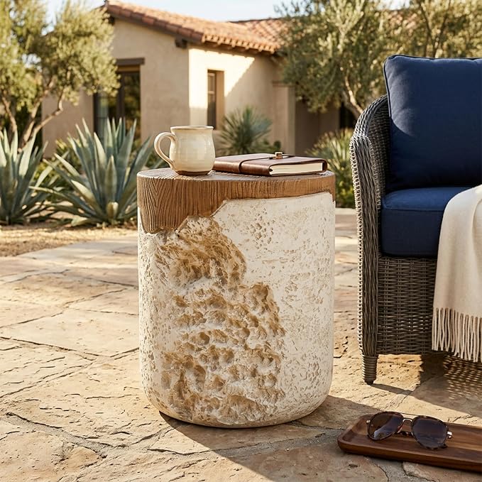 Outdoor Side Table, Modern Organic MGO Accent End Table for Patio, Living Room, Beige Tone Rustic Textured Base with Wood Grain Top
