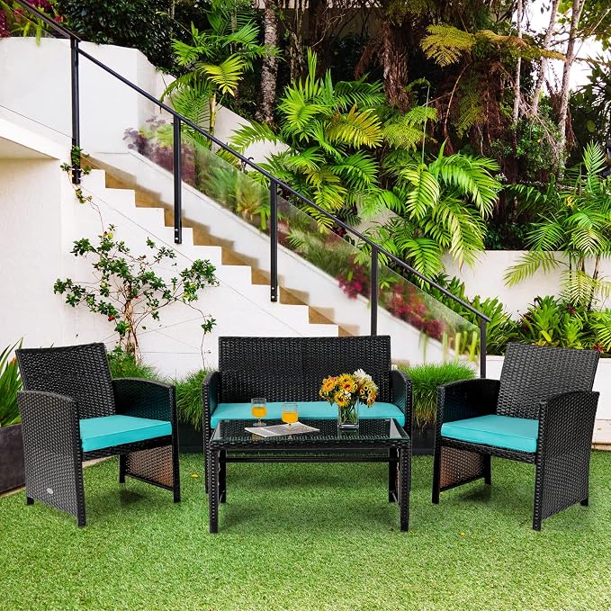 COSTWAY 4 Piece Patio Furniture Set, Outdoor PE Rattan Wicker Sectional Sofa with Cushion and Coffee Table, Patio Conversation Sets for Balcony Lawn Porch Patio Backyard Garden Poolside, Turquoise