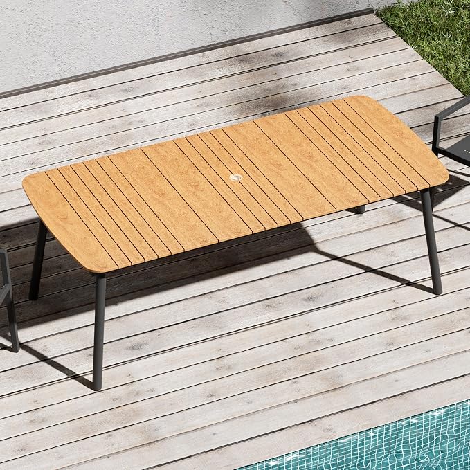 82" Outdoor Dining Table for 8, Brown Patio Table with Umbrella Hole Rectangle Dining Table with Aluminum Frame and Waterproof Wood Grain Tabletop for Lawn Backyard Garden Poolside