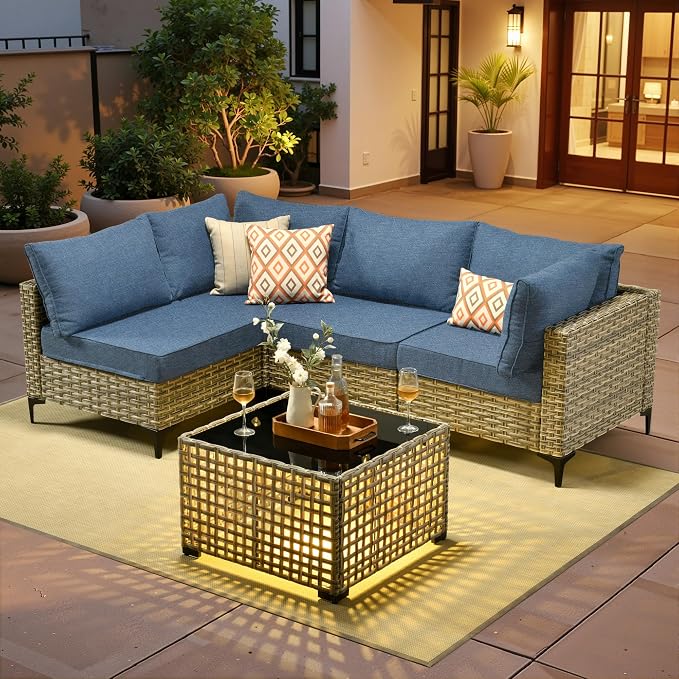 5 Pieces Patio Sectional Furniture Set, Outdoor Wicker Sectional Couch with Solar Lights Table, Modern Conversation Set for Porch Balcony Backyard, Denim Blue