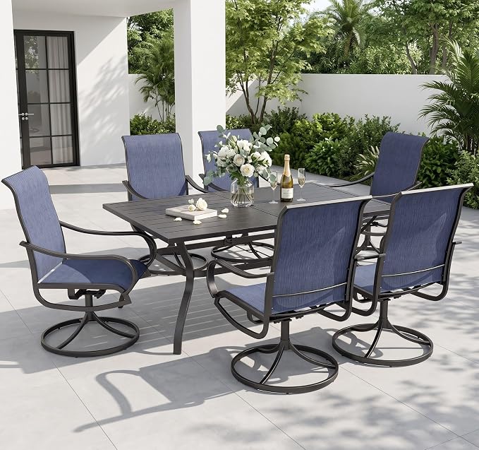 Sophia & William Patio Dining Set for 6 w/Swivel Textilene Chairs, Blue | 60"x 38" outdoor table and chairs, all-weather E-coating metal frame & mesh fabric. Suitable for deck, garden, poolside