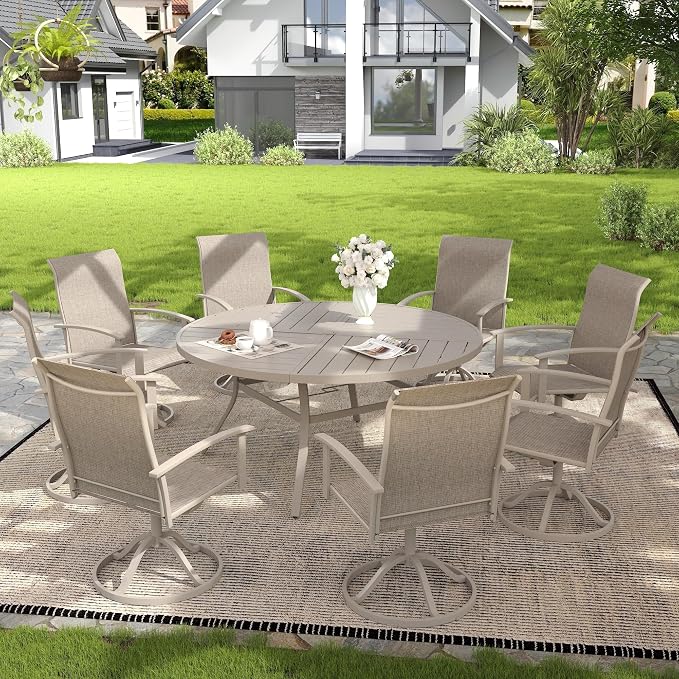 VICLLAX 9 Pieces Patio Outdoor Dining Set, 8 Swivel Textilene Chairs and 60" Round Metal Table with Umbrella Hole for Porch, Deck, Garden, Sandshell
