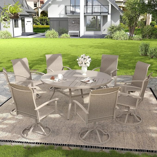 VICLLAX 9 Pieces Patio Outdoor Dining Set, 8 Swivel Textilene Chairs and 60" Round Metal Table with Umbrella Hole for Porch, Deck, Garden, Sandshell