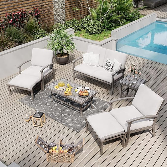 HAPPATIO 7 Piece Aluminum Patio Furniture Set, Outdoor Armchairs with Ottomans and Loveseat, Outdoor Sectional Sofa with Side Table and Coffee Table, Garden Conversation Set for Lawn(Gray)