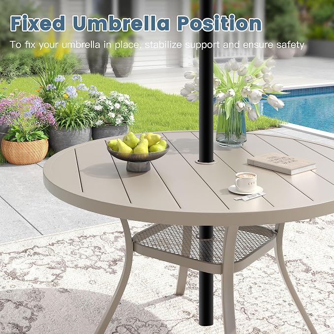DIFY 5 Pieces Outdoor Dining Set for 4, 47.2" Round Metal Table with Umbrella Hole and Textilene Swivel Patio Chairs, Patio Table and Chairs Set for Garden, Backyard, Poolside, Sandshell
