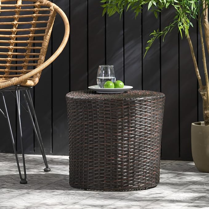 Barrel Side Table 17.5" – No Assembly Outdoor Wicker End Table, Round PE Rattan Accent Table for Patio Backyard Balcony Deck Garden, Brown