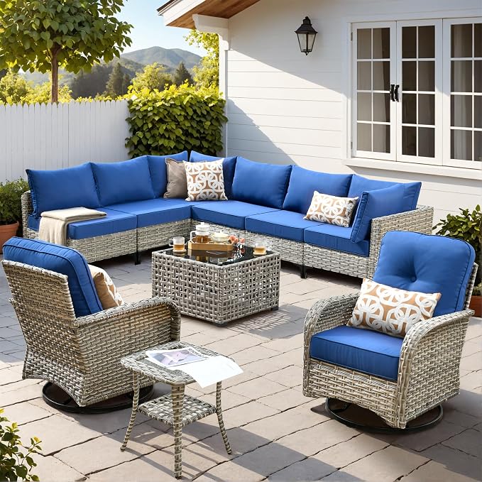 10 Pieces Wicker Patio Furniture Set,Outdoor Sectional Sofa with Swivel Chairs Coffee Table,Outside Deep Seat Rattan Couch Conversation Set,Navy Blue
