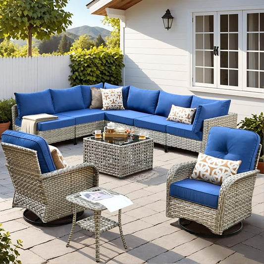 10 Pieces Wicker Patio Furniture Set,Outdoor Sectional Sofa with Swivel Chairs Coffee Table,Outside Deep Seat Rattan Couch Conversation Set,Navy Blue