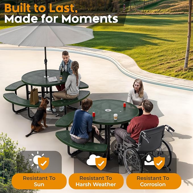 Metal Picnic Tables for Outdoors with Umbrella Hole - Coated Steel Heavy Duty Commercial Grade Furniture Set with Adjustable Seats (Green, 46 in, Round, Punched Steel)