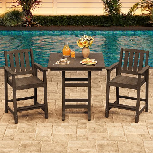 3-Piece HDPE Outdoor Bar Table and Stools Set, 39.6" Tall Pub Table with Umbrella Hole and 2 Counter Height Chairs, Weatherproof Patio Dining Furniture for Backyard, Balcony, Bistro, Dark Grey