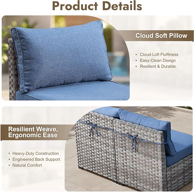 10 Pieces Outdoor Patio Sectional, Wicker Patio Furniture Set with 42 inch Fire Pit Table, All-Weather L Shaped Patio Conversation Set with Swivel Chairs, for Backyard Porch Yard,Blue