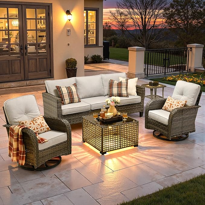 ovios 5 Pieces Patio Furniture Set, Outdoor Wicker Sofa Couch with Swivel Glider Chairs Solar Lights Table, Modern Deep Seat Rattan Conversation Sets for Deck Porch, Grey