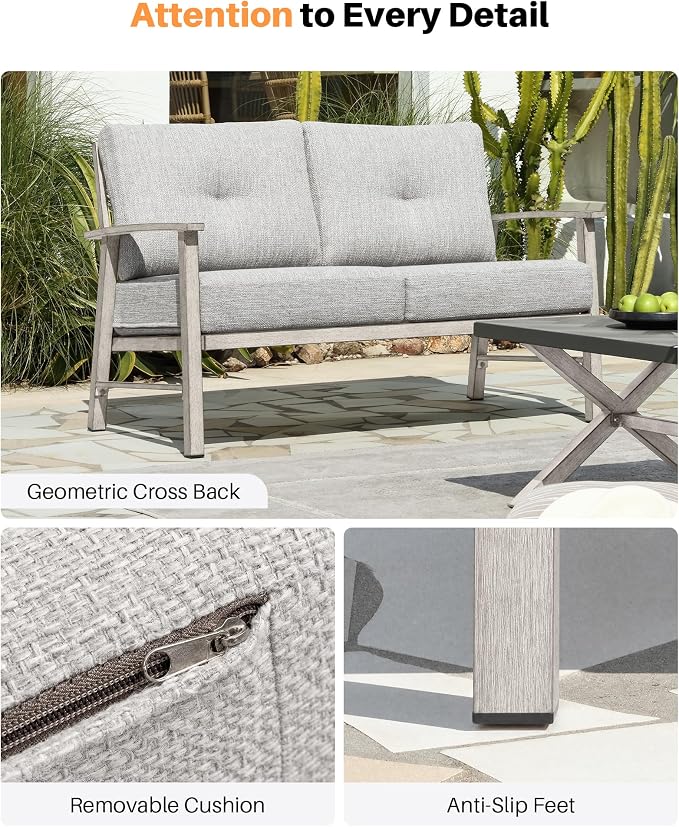 Patio Furniture Loveseat Sofa, Outdoor Aluminum Patio Couch with 5.9'' Soft Cushion, All-Weather 2 Seats Outdoor Furniture Sofa Couch for Garden, Poolside, Lawn, White Oak