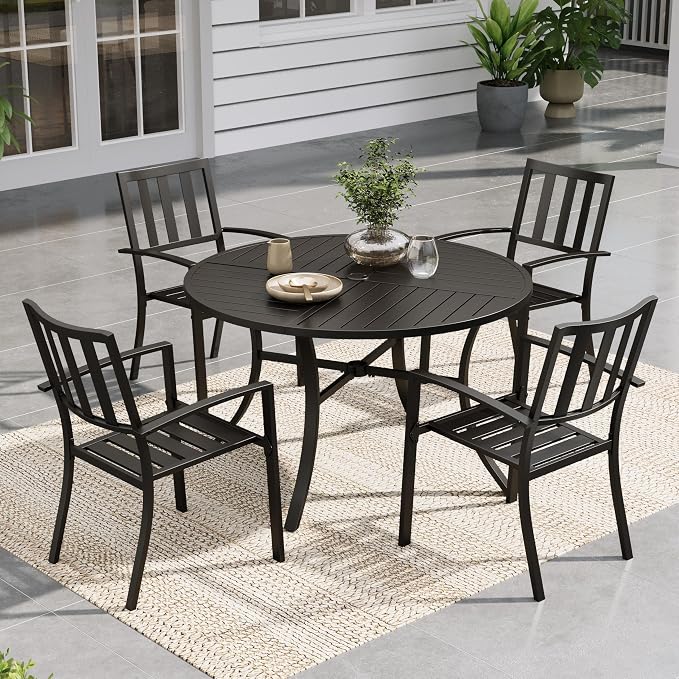 Sophia & William Round Patio Table and Chairs Set, Outdoor Dining Set for 4, 5 Piece Metal Patio Furniture, 42" Black Table(Stripe)
