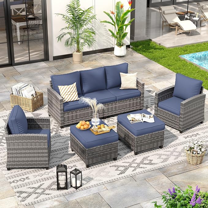 Outdoor Furniture Set, 5 Pcs Wicker Patio Couch with Chairs, Ottomans and Thick Cushions, All Weather Wicker Rattan Patio Conversation Set,Navy Blue