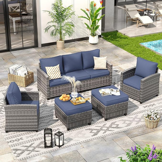 Outdoor Furniture Set, 5 Pcs Wicker Patio Couch with Chairs, Ottomans and Thick Cushions, All Weather Wicker Rattan Patio Conversation Set,Navy Blue