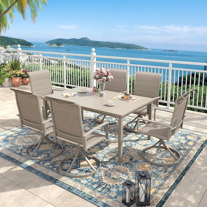 Outdoor Dining Set for 6, 63" Outdoor Dining Table with Umbrella Hole and Padded Textilene Patio Swivel Chairs, 7 Pieces Patio Table and Chairs Set for Garden Backyard, Sandshell