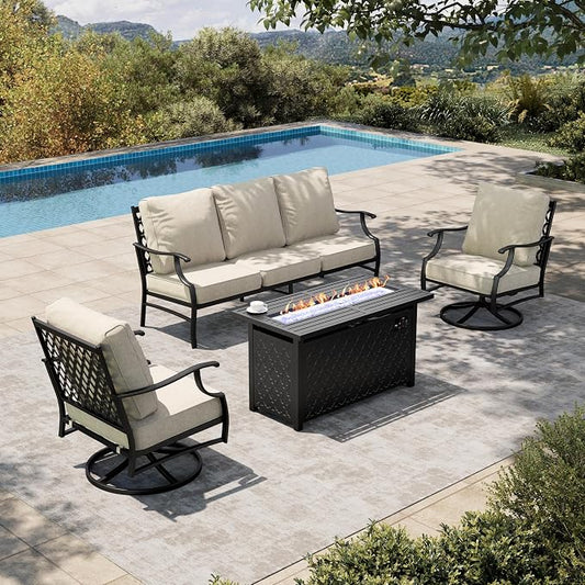 HERA'S HOUSE 4 Pieces Patio Furniture Set with Fire Pit Table, 2 x Swivel Cushioned Chair, 3-Seat Sofa with 45" Fire Pit Table, Outdoor Conversation Set for Garden, Poolside, Backyard