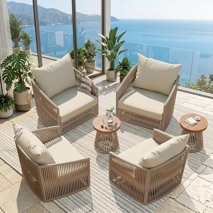 Outdoor Patio Furniture Set, 3 Pieces Outdoor Swivel Chairs with Coffee Table and Thick Cushion, Pe Wicker Rope Furniture Set for Entertaining, Balcony, Garden, Poolside, Khaki