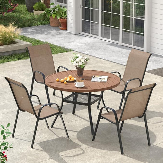 VICLLAX Round Outdoor Patio Dining Set for 4, Metal Slatted Patio Table with Umbrella Hole and 4 Stackable Patio Chairs for Deck Lawn Garden, Brown Fabric and Walnut Tabletop