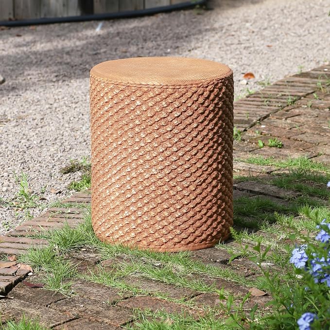 Christopher Knight Home Nataly 17.25" H Small Outdoor Side Table, Cylinder Shaped Carved Garden Stool, Lightweight Concrete End Table, Patio Decorative Home Stool for Balcony Poolside Backyard, Brown