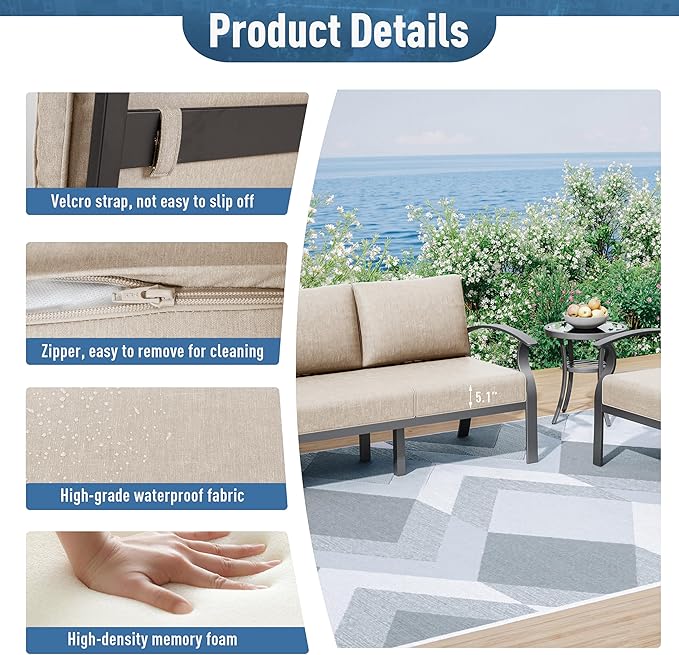 Kurapika Aluminum Patio Furniture Set 7-Seat Modern Outdoor Conversation Sets w/Swivel Rocking Chairs with Rectangular Coffee Table, Sand