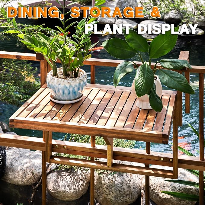 VICTORY RELAX Hanging Balcony Table - Foldable Acacia Wood Patio Table - Small Outdoor Workspace & Dining Table for Balcony Furniture - Temporary Workspace - Natural Color (27.2 x 23.6 x 17.5 Inches)