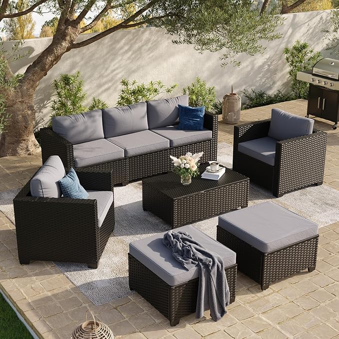 Aoxun 8 Piece Outdoor Patio Furniture Set 7 Seats, Outdoor Sectional with Waterproof Cushions, Patio Conversation Sets for Garden,Backyard, Deck, Porch, Black & Grey